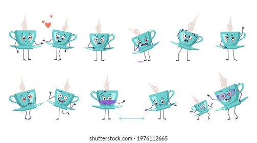Set of cute characters teacup and saucer with emotions, face, arms and legs. Smiling or sad dishes with steam, heroes in love keep their distance, dance or cry. Vector flat illustration