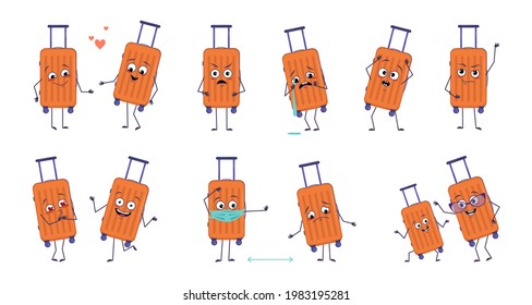 Set of cute characters of vacation suitcases with emotions, face, arms and legs. Smiling or sad luggage, bags in love keep their distance, summer items dance or cry. Vector flat illustration