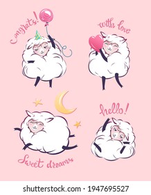 A set of cute characters. White sheep with lettering on a pink background. Congratulations, salute, love message and wishes for sweet dreams.