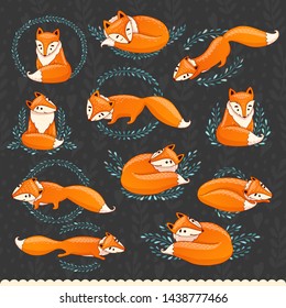 Set of cute, charming and beautiful foxes with leaves. Vector illustration. Wildlife.