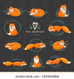 Set of cute, charming and beautiful foxes with leaves. Vector illustration. Wildlife.