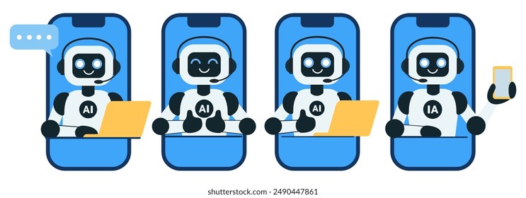 Set of cute chat bot robot with yellow laptop illustrations