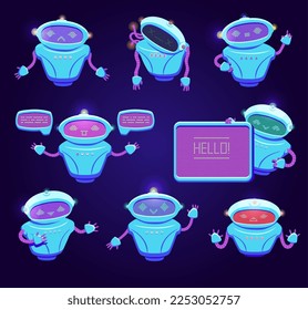 Set of cute chatbots, futuristic customer support concept - flat vector illustration isolated on dark background. Cheerful cyborg or robot, virtual assistant character. Modern technology mascot.