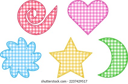 Set of cute checkered abstract heart, moon, star, flower and spiral