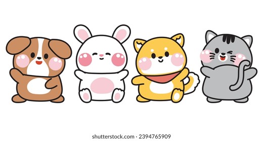 Set of cute cheerful animals cartoon character design.Pet.Zoo.Variouse poses.Rabbit,Shiba inu dog,cat hand drawn.Image for card,sticker,kid clothing.Kawaii.Vector.Illustration.Illustrator.