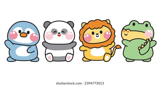 Juego de lindos dibujos animados de animales. Wild.Zoo.Variouse posa.Pingüino, oso panda, león, mano de cocodrilo dibujada.Imagen para tarjeta, pegatina, ropa de niño.Kawaii.Vector.Ilustración.Ilustrador.