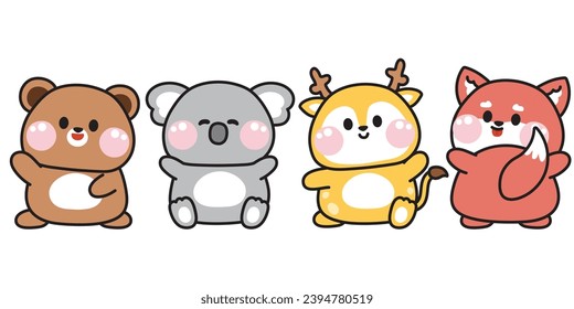 Set süße fröhliche Tiere Cartoon Charakter Design.Wild.Zoo.Variouse posiert.Bär, koala, Hirsch, Fuchs handgezeichnet.Bild für Karte, Aufkleber, Kinderkleidung.Kawaii.Vector.Illustration.Illustrator.