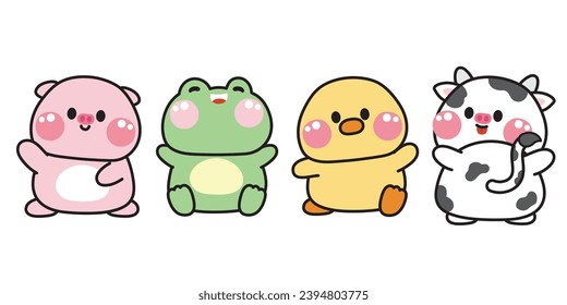 Set of cute cheerful animals cartoon character design.Farm and reptile.Zoo.Variouse poses.Pig,frog,chicken,cow hand drawn.Image for card,sticker,kid clothing.Kawaii.Vector.Illustration.