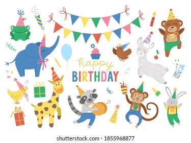 Conjunto de lindos animales alegres con sombreros de fiesta. Colección de copas para la celebración del cumpleaños. Paquete de vacaciones vectorial con regalo brillante, pastel con velas, globo, banderas. Elementos de diseño de aniversario feliz