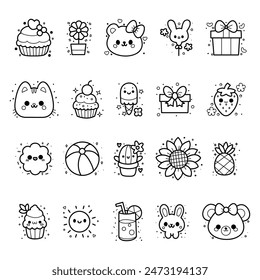 Set of Cute and cheerful doodle icons and elements  for sticker, planner, scrapbook and kid products, vector and illustration.