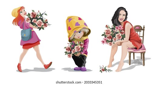Set with a cute cheerful girls sit, stand walks and carries a huge bouquet of flowers in hands. Girl character on white background. Isolated,vector illustration