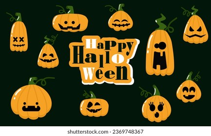 Set of cute and cheerful Halloween pumpkins