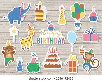 Set of cute cheerful stickers with animals in party hats on wooden background. Birthday party celebration clipart collection. Vector holiday pack with bright present, cake with candles, balloon
