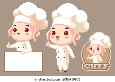 Set of cute chef cartoon with character style, blank space and mascot.