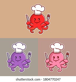 set of cute chef octopus mascot logo with optional appearance. premium kawaii vector
