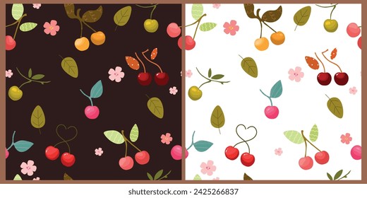 Set with cute cherries patterns, seamless pattern. Leaves, flowers, charry on black and dark backgrounds. Vector illustration.
