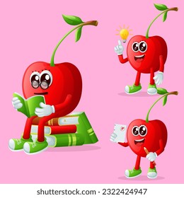 Set of cute cherry characters being clever. Perfect for kids, merchandise and sticker, banner promotion or blog
