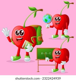 Juego de personajes lindos de cereza en la educación. Perfecto para niños, mercadería y pegatinas, promoción de banners o blog
