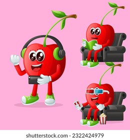 Set of cute cherry characters enjoying leisure activities. Perfect for kids, merchandise and sticker, banner promotion or blog
