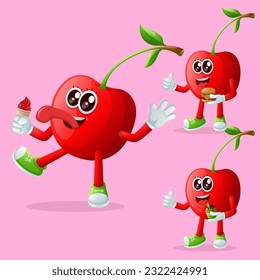 Set of cute cherry characters enjoying food. Perfect for kids, merchandise and sticker, banner promotion or blog
