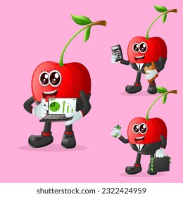 Set of cute cherry characters in finance. Perfect for kids, merchandise and sticker, banner promotion or blog
