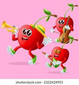 Set of cute cherry characters playing musical instruments. Perfect for kids, merchandise and sticker
