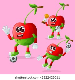 Set of cute cherry characters playing soccer. Perfect for kids, merchandise and sticker, banner promotion or blog
