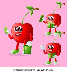 Set of cute cherry characters receiving gifts. Perfect for kids, merchandise and sticker, banner promotion or blog
