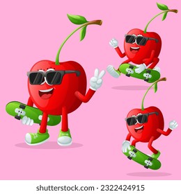 Set of cute cherry characters skateboarding. Perfect for kids, merchandise and sticker, banner promotion or blog
