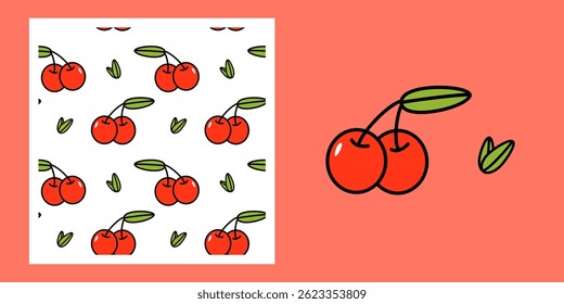 Set of cute cherry pattern and single fruit element, great for food packaging, stickers, and summer-themed projects.