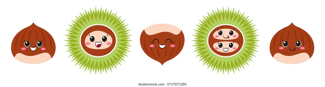 Conjunto lindo castaño, divertido personaje de dibujos animados, ojos grandes, cara sonriente feliz, emociones alegría deleite, estilo kawaii, icono de Ilustración vectorial.