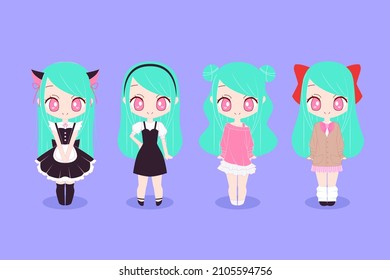 Anime girls character kit. Manga japanese style woman with various face  emotions hands and legs position, hairstyles kawaii asian teen in cosplay  clothes vector comic female cartoon set Stock Vector