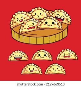 Set of cute chibi drawing vector dumplings. Dumpling with a happy face, dumpling with emotion. use for stickers, emoji. Dumpling sticker.
