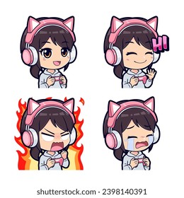 Set of cute chibi gamer girl mascot logo stickers