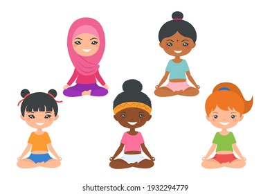 Set of cute chibi girls of different nationalities doing yoga. Isolated on white background. Cartoon flat style. Vector illustration