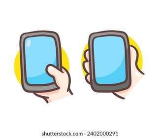 Conjunto de manos de chibi lindas que sostienen el vector de caricatura de un icono del smartphone. Diseño de concepto tecnológico. Ilustración de estilo plano dibujada a mano.