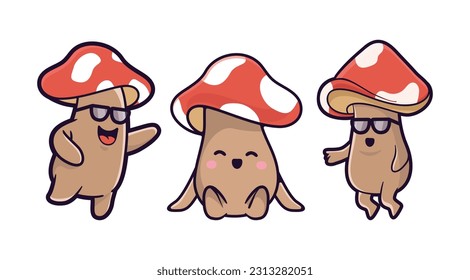 Set cute chibi mushroom mascot design  Mushroom vector illustration 