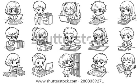 Set of cute chibi office workers performing various tasks, including filing, typing, stamping, and organizing documents