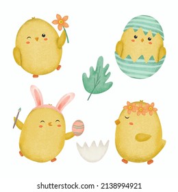 Set of cute chick in various activity with easter day theme, cartoon animal drawing watercolor for graphic designer, vector illustration