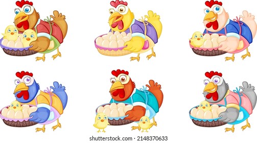 Set of cute chicken cartoon character holding a basket of eggs and chick illustration