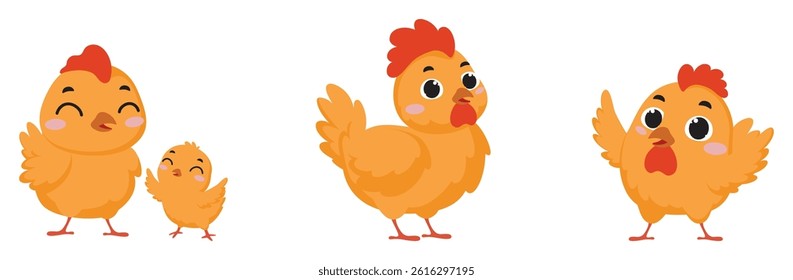 Set of cute chicken cartoon characters