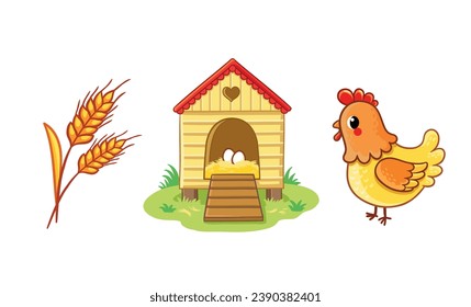 Set of cute chicken character, henhouse, wheat, grains. Farm animal and their homes, favorite food in cartoon style. Children design vector element  for activity books.