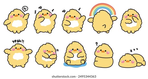 Set of cute chicken doll in various poses and feeling.Greeting,sad,thank you,rainbow.Farm animal character cartoon design.Image for card,poster,baby product.Kawaii.Vector.Illustration.