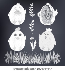 A set of cute chicken ducks and turkey chalk drawing. Easter theme.