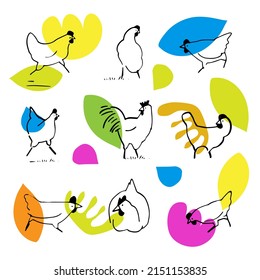 Set of cute chicken hen doodle drawing for yours design and print.