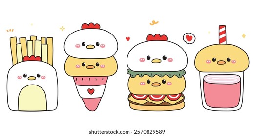 Set of cute chicken and hen face in food concept.Fastfood.Hamburger,fresh fried,ice cream,drink.Farm bird animal character cartoon.Kawaii.Vector.Illustration.