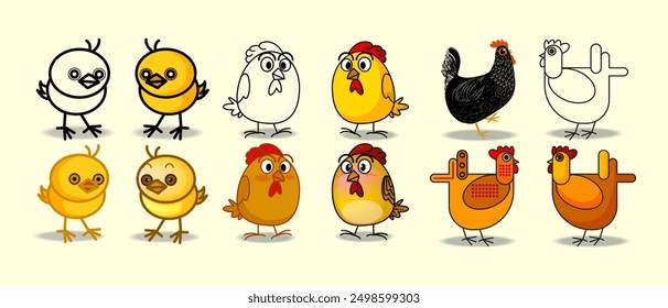 Conjunto de pollo lindo, gallina, gallo y pequeña colección de Ilustración vectorial de personaje de dibujos animados de pollo. Diseño de elemento animal de ave de granja avícola. Aislado sobre fondo blanco.