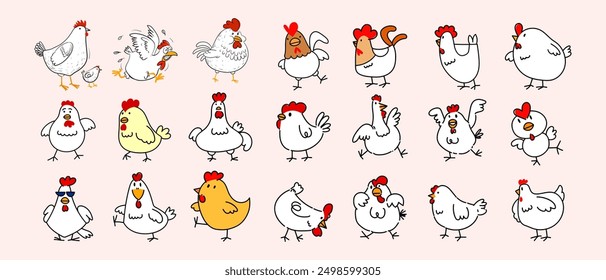 Set of cute chicken, hen, rooster and little chick cartoon character vector illustration collection. Poultry farm bird animal element design. Isolated on white background.