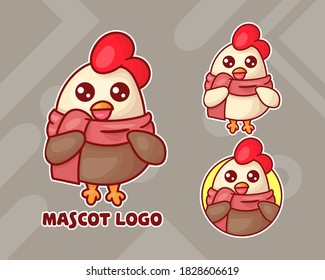 Set von süßem Hühnermaskottlogo mit optionalem Aussehen. hochwertiger Kawaii-Vektor
