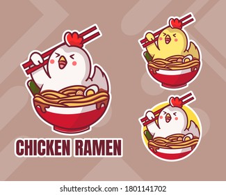 set of cute chicken ramen mascot logo with optional apprearance. premium kawaii vector
